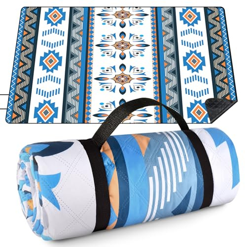 AUAUY Picknickdecke Boho Wasserdicht, 200x200cm, mit Tragegurt, Grün | Maschinenwaschbar Faltbar Strandmatte, Sandabweisend & Isoliert Outdoor Camping Stranddecke, für Camping und Gärten