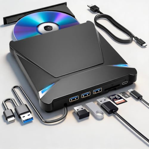 Extern CD DVD-Läsare - USB 3.0 USB-C, Extern CD/DVD +/-RW Brännare och Spelare med SD/TF Kortläsare och USB-Portar, CD-Läsare extern USB för Laptop, Desktop, Windows, Mac OS, Vista
