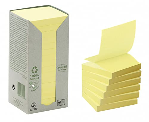 Post-it Recycled Z-Notes, Pack of 16 Pads, 100 Sheets per Pad, 76 mm x 76 mm, Canary Yellow - Extra Sticky Notes Made from 100percent Recycled Paper