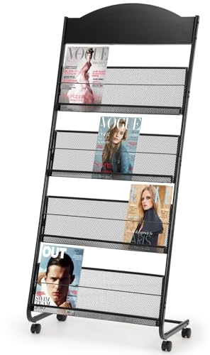 Granville Floor Brochure Stand Magazine Rack, Brochure Display Stand, 4 Pockets Magazine Holder Newspaper Stand with 4 Wheels (2 Lockable), Black