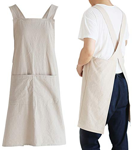 NEWGEM Japanese Linen Cross Back Kitchen Cooking Aprons for Men with Pockets for Baking Painting Gardening Cleaning Khaki