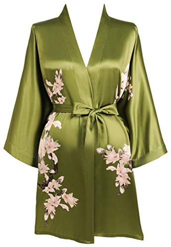 BABEYOND Satin Kimono Dressing Gown Short Floral Printed Kimono Robe Long Knee Length Kimono Dress Cover Up for Women Wedding Pyjamas Party (Green)