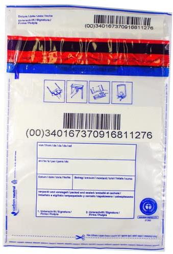 1.000 x Sicherheitstaschen: 195 x 265 + 30 mm Bon, Druck:  von, an, Datum, Betrag, Verpackt, Unterschrift 