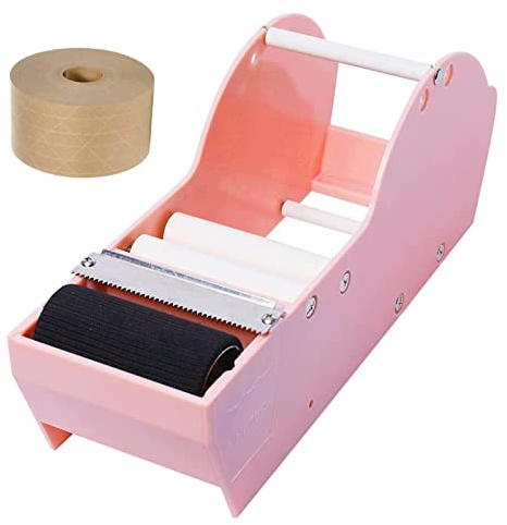 QILIMA Skrivbordsrosa vattenaktiverad tejpdispenser med förstärkt kraftpapper gummiband 4,88 cm x 55 meter för frakt, kartong och lådförsegling