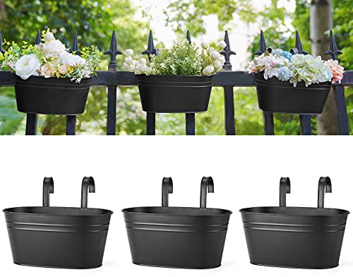 Dahey 10.5 Inch Metal Hanging Flower Pot 3 Pcs Outdoor Railing Planter Box | Drainage Holes, 2.7”Width Iron Detachable Hooks, Fence Balcony Planter for Deck Patio Garden Decor, Fits Herbs Plants, Black