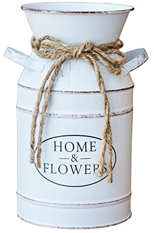 MISIXILE Rustic Farmhouse Vase Galvanized Milk Can, Metal Decorative Shabby Chic Jug Bucket Vase Decor - Cream White