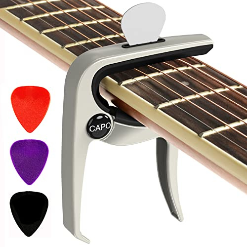 Guitar Capo, Capo for Acoustic Guitar and Electric Guitars, 3in1 Clamp with Picks Holder & Picks for Ukulele, Mandolin, Banjo, Guitar Accessories by Dulphee