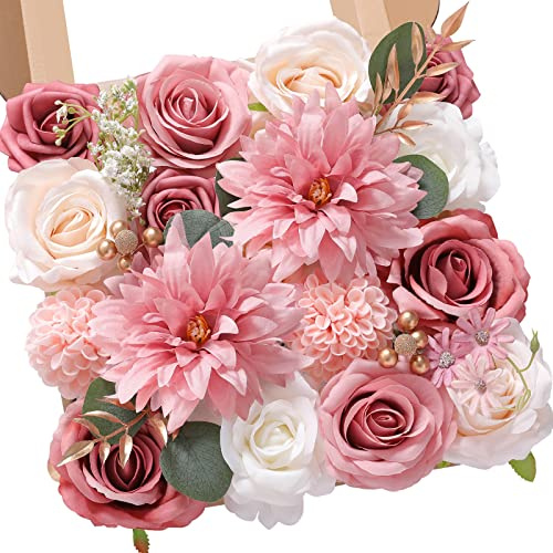 Serwalin Künstliche Blumen für Hochzeit, rosa Blumen, Seide, Dahlie, künstliche Kuchenblumen für Hochzeitssträuße, Tafelaufsätze, Kuchendekoration, Babyparty, Heimdekoration