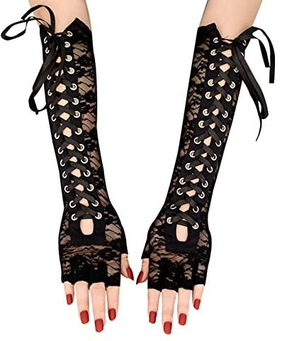 COSFAN Frauen Lace Up Handschuhe, Lange Ellenbogen Fingerlose Handschuhe, Kreuz Bandage, Punk Gothic Lolita Handschuhe, Hochzeit Braut Tanz Oper Party Kostüm