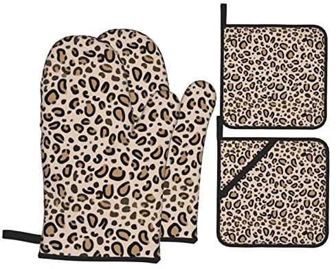 Gant Et Manique 4 Pièces, Imprimé Léopard Chasse Naturelle Ensemble De Cuisine avec Cuisine 2 Cuisson Gant À Four + 2 Manique Gants De Four Et Maniques, pour Cuisson, Grillades
