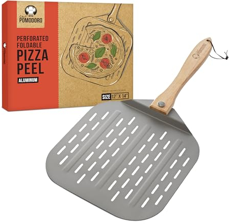 Chef Pomodoro Perforated Aluminum Metal Pizza Peel with Foldable Wood Handle for Easy Storage, Pizza Spatula, Premium Pizza Paddle with Holes for Baking Homemade Pizza and Artisan Breads (30 x 36 cm)
