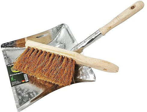 Metall Kehrblech und Handfeger Kokus im SET Kehrschaufel Hand Besen Feger Holz Griff Kehr Schaufel Kehrset Kehrgarnitur (1x Silber)