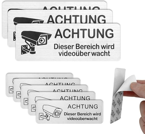 RAFIYU Videoüberwachung Schild 8 Stück, Selbstklebende Achtung Warnschild, Aluminium Privatgrundstück Kamera Überwachung für Schulen Garagen (8.5x3 cm, 15x5 cm)