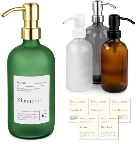 Natural Goods Berlin Seifenspender mit Etiketten KLEAN matt grün Ø 7 x 21 cm - 500ml mit Edelstahl-Pumpkopf in schwarz/hochwertiger & nachfüllbarer Seifenspender für Küche & Bad