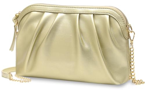 VASCHY Bolso Dorado Mujer Fiesta, Clutch de Noche Plisado con Diseño Concha, Cartera de Mano con Cadena Desmontable, 24 x 5 x 16,5 cm