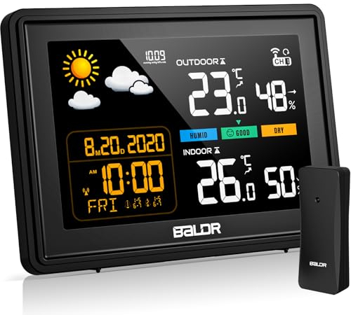 Skeufy Wetterstation Funk mit Außensensor, Innen und Außen Temperatur, Luftfeuchte, Funkwetterstation mit Wettervorhersage, Barometer, Digital Farbdisplay DCF Funkuhr zum Stellen,Hängen,Schwarz