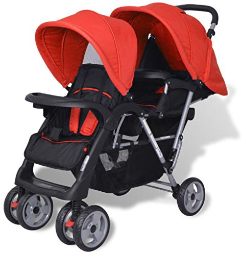 Gecheer Geschwisterwagen Zwillingswagen Tandem Kinderwagen Zusammenklappbar, Großer Staukorb, Schutz vor Sonnenlicht und UV-Strahlen, Stahl Rot und Schwarz