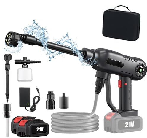 21 V Pulitore ad alta pressione a batteria, idropulitrice ad alta pressione senza fili, pressione a 3 velocità, max 30 bar, ugello 6 in 1, 5 m tubo, per giardino, auto (2 batterie 1 caricabatterie)