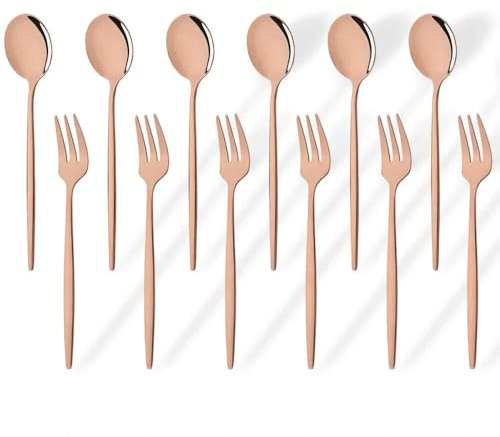 Hemasa Juego de 12 tenedores dorados de acero inoxidable para tartas, aperitivos, ensaladas, café, fruta, cubertería, vajilla de cocina, color rosa