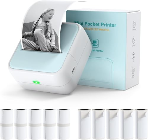 Bisofice Mini Drucker für Smartphone - Thermodrucker mit 11 Rollen Druckerpapier, Bluetooth Fotodrucker für Studiennotize, DIY, Journal, Etiketten und Aufkleber