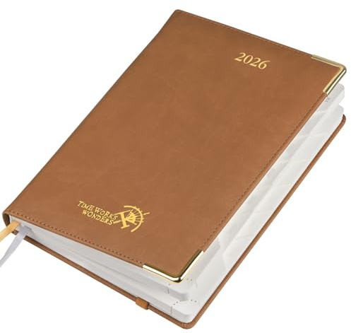 POPRUN Kalender 2026 Tagesplaner Hardcover 21,5 x 14,5 cm (Jan.2026-Dez.2026), Tageskalender 1 Tag 1 Seite (Montag - Sonntag) mit PU-Leder, Monatliche Registerkarten - Braun