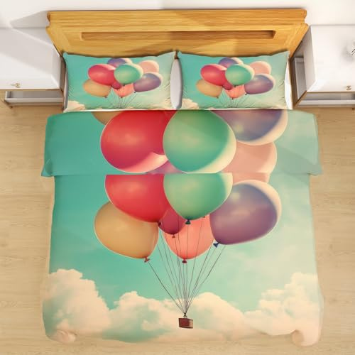 Cendppdj Ballon Coloré Ciel Nuage Housse De Couette 200x200, Dessin Animé 3D Parure De Lit 2 Personn Microfibre, Parure De Lit avec Fermeture Éclair Et 2 Taies d'oreiller 65x65