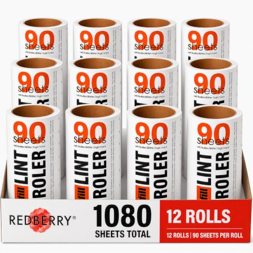 Redberry Lint Roller Refills, 12 Rolls, 1,080 Easy-Peel Sticky Sheets for Pet Hair, Lint and Dust, White