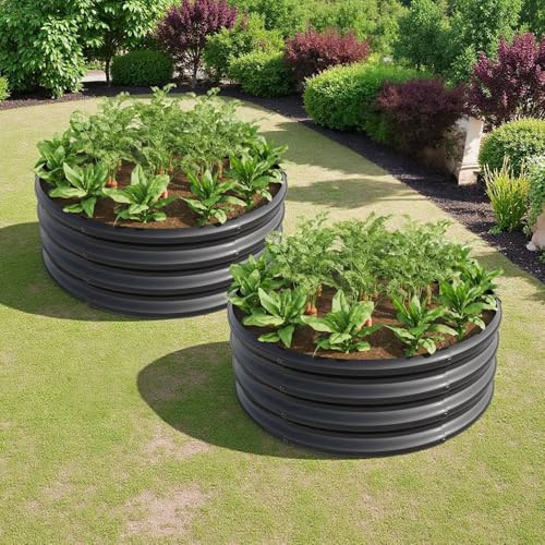 Massbinet Verzinkt erhöhte Gartenbett, Pflanzer erhöhte Gartenbetten im Freien, Runde Freiheit erhöhte Gartenbetten für Gartenbau Gemüse, Früchte, Blumen, 2Packung Schwarz 120x120x30cm
