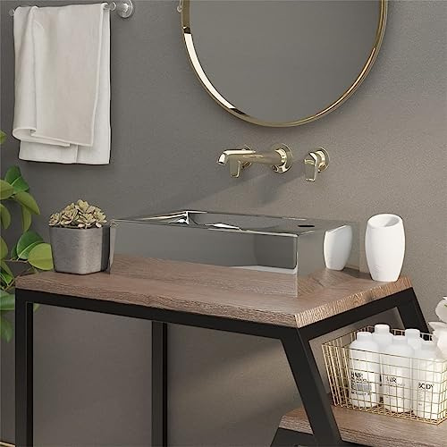 Lavabo da Appoggio in Ceramica Argento, Design Quadrato con Troppopieno e Foro Rubinetto, Per Bagno o Toilette, 49 x 25 x 15 cm