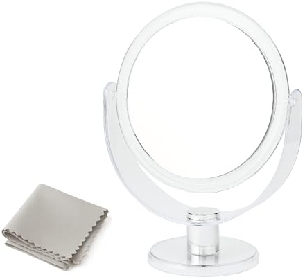 LIXTYC – Espejo de Aumento x5 de 14,9x20cm - 6” para Maquillaje, Afeitado y Skincare | Espejo Mediano Redondo Doble Cara Base Acrílica Transparente | Ideal para Baño, Tocador o Viaje | Incluye Gamuza