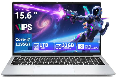 15,6 Pouces Ordinateur Portable Core i7-1195G7 CPU, PC Portable 32Go RAM 1TB SSD, écran 1920 x 1080P, Win 11 Laptop Rétroéclairé Déverrouillage, Type-C, USB 3.0, HDMI, Bluetooth 5.0 et Wi-FI 5,RJ45