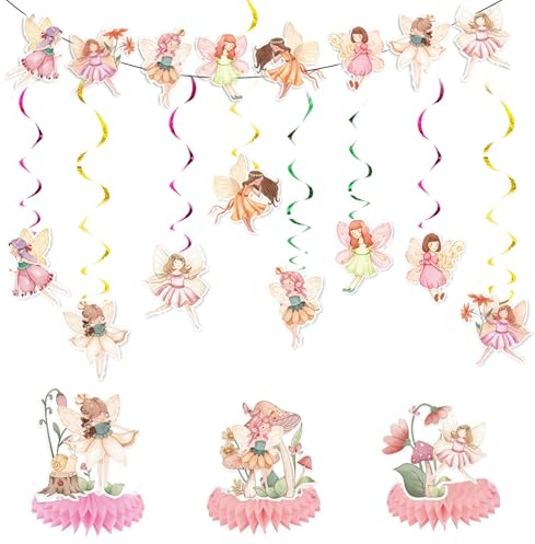 Werownsgso 3 Stück Feen Geburtstag Deko Banner Bienenwabe Girlande 18-teilige Fairy Party Hängende Wirbel Dekoration Feen Zimmer Papierblumen Deko Aesthetic für Kindergeburtstag Mädchen