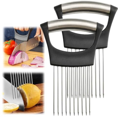 Upgrade Onion Holder for Slicing, Stainless Steel Lemon Slicer Onion Cutter for Slicing, Vegetable Cutter for Potato and Tomato, Avocados, Eggs, Meat, Kitchen Chopper Slicings Tool (Black, 2PCS)