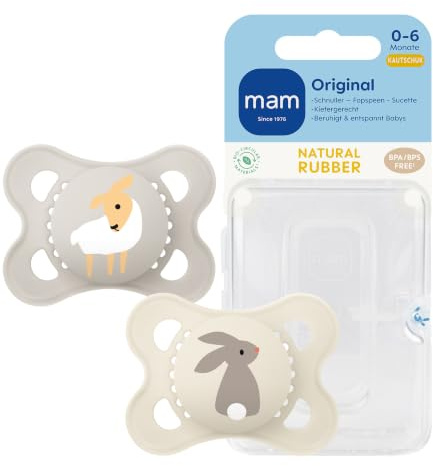 MAM Original Schnuller | Latexschnuller | 0-6 Monate | stillfreundlicher Babyschnuller | von Hebammen empfohlen | besonders bissfest | Naturkautschuklatex | Schaf/Hase | 2 Stück
