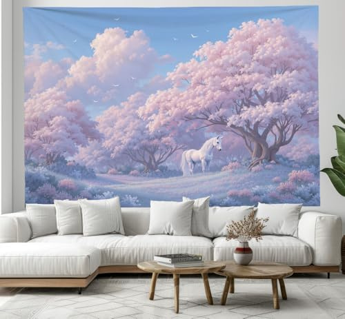 DACRWEKZ Tapisserie 150x200cm,Thème fantastique Licorne Sakura Tenture murale, drap de lit, serviette de plage, tapis de yoga, rose