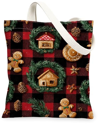 Sacs fourre-tout en toile de pain d'épices, motif festif de vacances, sacs d'épicerie réutilisables, Noël rustique, léger, lavable à l'épaule, Rouge, 13x15 Inch
