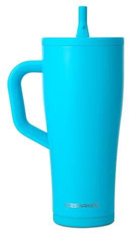 Ice Shaker 32 oz Tumbler with Handle and Straw | 32oz Caribbean Blue | Cold for 30+ Hours | 2-in-1 Tumbler Shaker Bottle | Odor-Free 32 ounce Bottle for Water, Protein Shakes, Smoothies, Cocktails