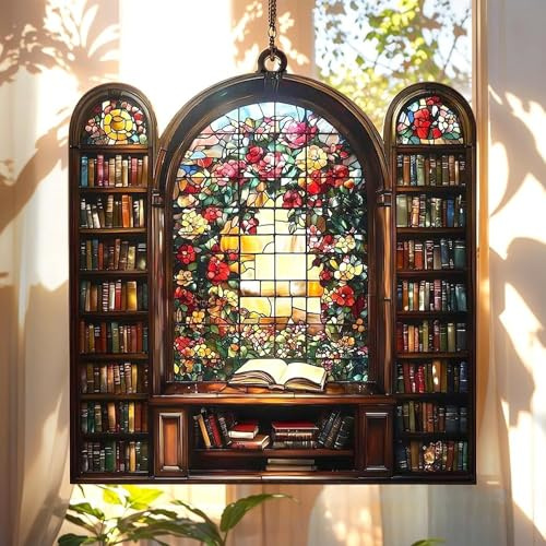 Vintage Floral Bookshelf Acrylic Suncatcher - Book Lover Gifts for Women, Hanging Ornaments for Windows Wall Decor, No Drill Home Decor with Metal Chain (15x15cm) (15 * 15 * 0.2CM, N0136)