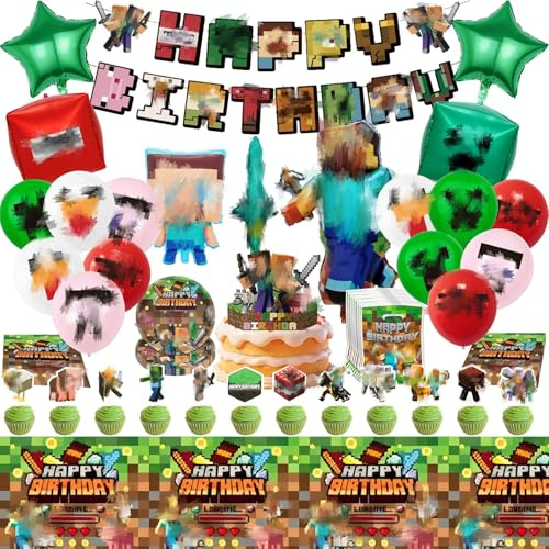 Geburtstagsdeko Set, 74 Stück Cartoon Happy Birthday Decorations mit Banner, Folienballons, luftballons, Tortendeko, Tellern, Servietten, Tischdecke und Partytüten Ballons
