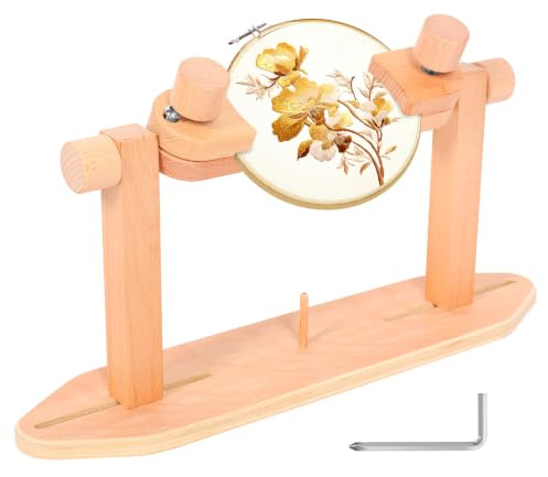 Adjustable Embroidery Hoop Stand Beech Wood Cross Stitch Frame Holder 360° Rotating Hands-Free Lap Tabletop Stand for Sewing, Needlepoint and Arts Crafts, Fits Hoops up to 35cm