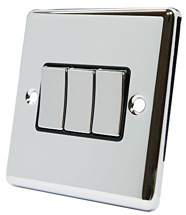AET CPC3GSWIBC 10 A 3-Gang 2-Way Polished Chrome Classical Triple Light Switch with Black Insert Metal Rocker Switches