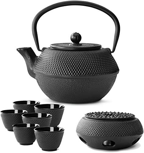 Bredemeijer Teekanne asiatisch Gusseisen Set schwarz 1.1 Liter mit Henkel & Edelstahl Tee-Filter Sieb-Einsatz für losen Tee & Stövchen & Teebecher (6 Tassen)