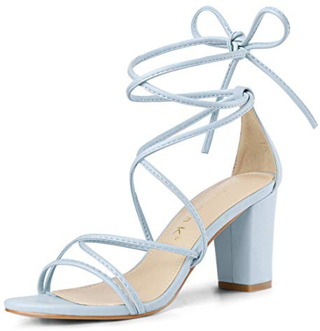 Allegra K Women's Strappy Lace Up Chunky Heeled Sky Blue Heels Sandals 7.5 M US