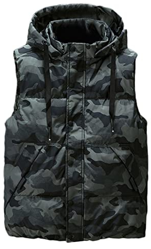 Icegrey Hombre Chaleco Acolchado con Capucha Cazadora Ligero Chaqueta sin Manga Cálido de Invierno Cierre de Cremallera, Verde camuflaje, XL