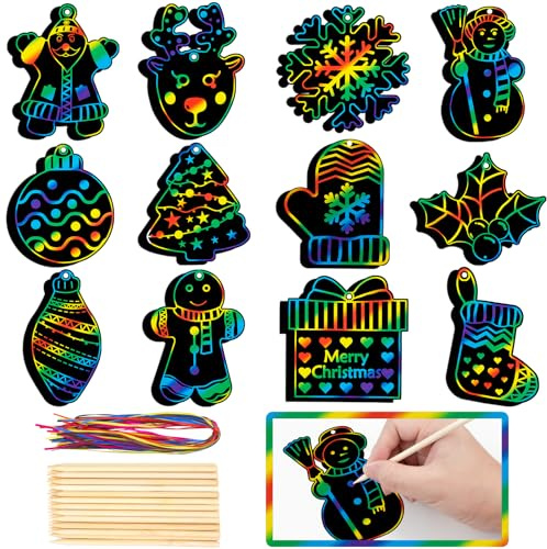 GOMANCHE 36 Pezzi Natalizie Scratch Art per Bambini, Carta da Grattare Magica Arcobaleno Fai-da-Te, Babbo Natale, Pupazzo di Neve, Albero di Natale, Calza di Natale, Ornamenti per la Casa per Natale