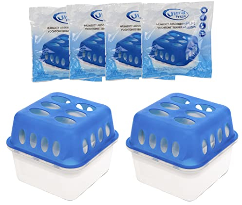 Spetebo 2x Ultra Fresh Luftentfeuchter Granulat Box mit 4x 400g Nachfüllbeutel - Raumentfeuchter mit Auffangschale - Raum Luft Trockner Entfeuchter wiederverwendbar nachfüllbar