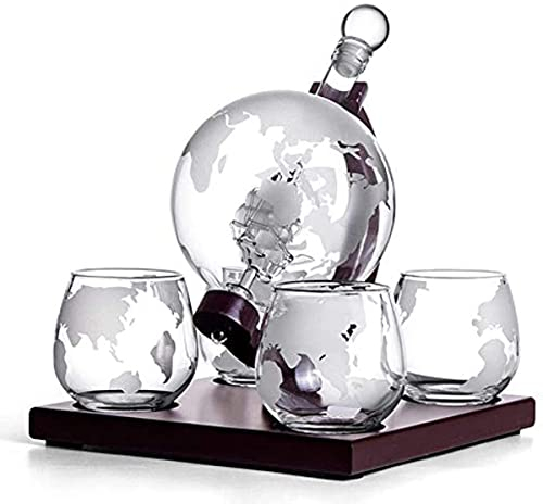 BERNOI Etched Globe Whiskey Decanter Set/1000ml Crafted Glass Sailing Ship globe decanter/with 4 Personalised Glasses/Gifts for Father and Husband