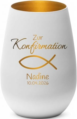 4you Design Windlicht Fisch mit Namen, Datum graviert (Metall-Weiß-Gold) Geschenk zur Konfirmation, Teelichthalter für Patenkinder, Personalisierte Geschenkidee