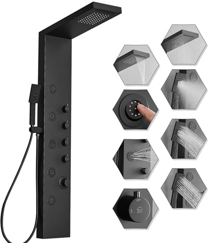 BWE Rainfall Waterfall Shower Tower Panel System 5 Massage Body Jets and 3-Function Handheld Shower Head Stainless Steel Bathroom Shower Panel System Wall-Mounted,Matte Black