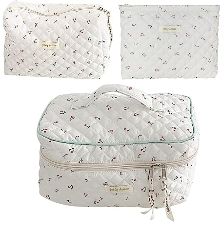 GISMTR Gesteppte Make-up-Tasche aus Baumwolle, groß, Reise-Kokette, Make-up-Tasche, niedlich, ästhetisch, Blumenmuster, Kulturbeutel für Damen und Mädchen, 3 Stück, kirsche, Niedlich
